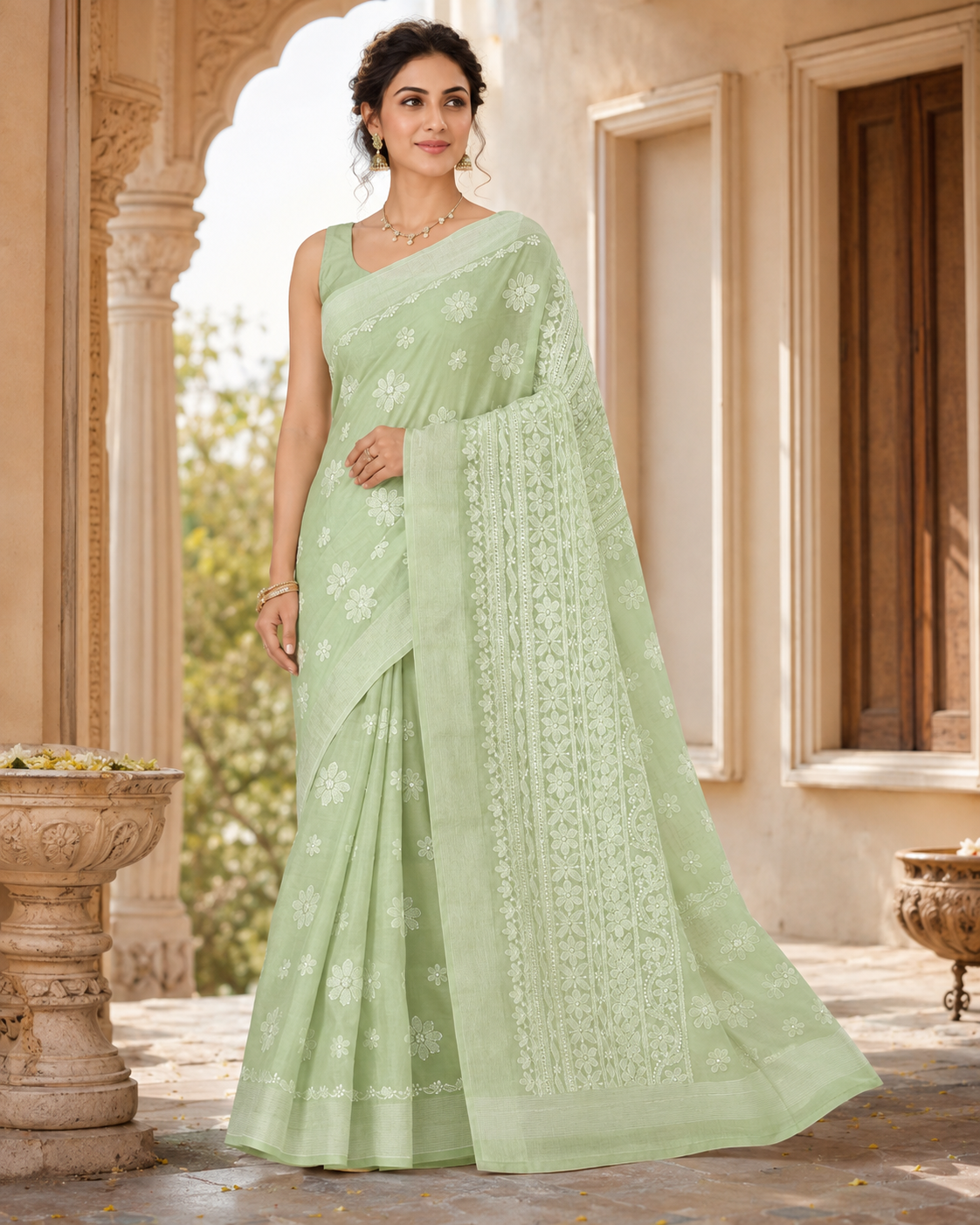 Pista green Chanderi Chikankari saree in heritage courtyard setting