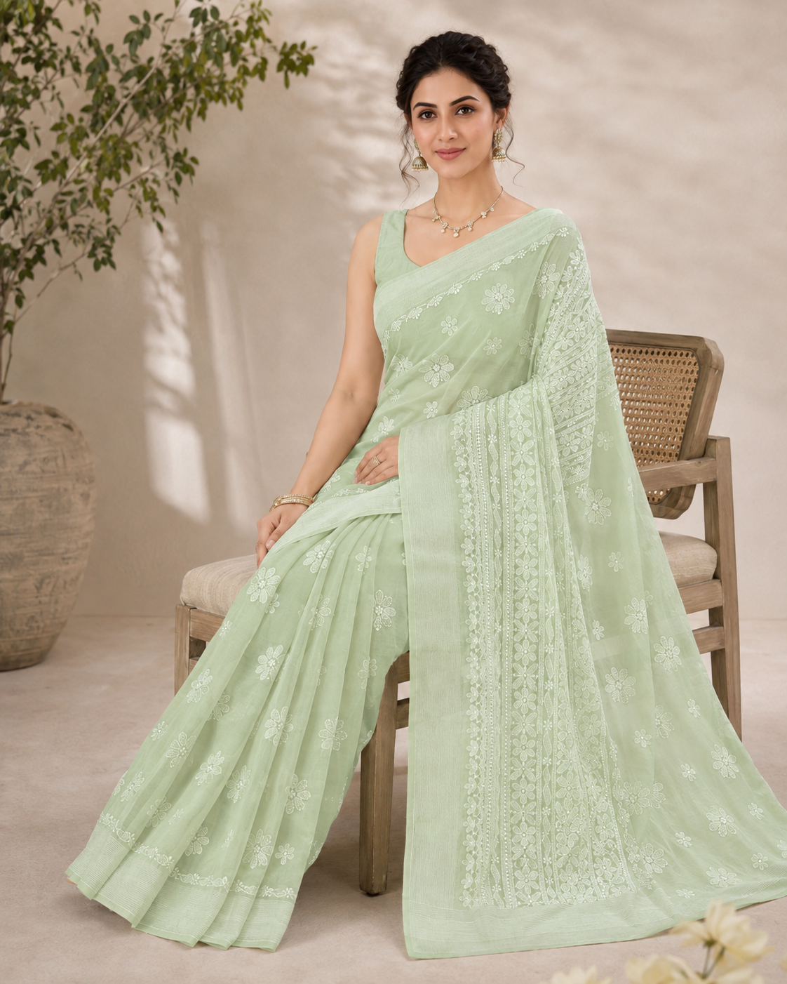 Pista green Chanderi Chikankari saree seated model view