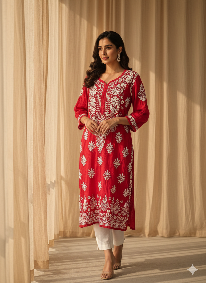 "Red Modal Chikankari Kurti with White Hand Embroidery | Elegant Lucknowi Ethnic Wear for Women"
