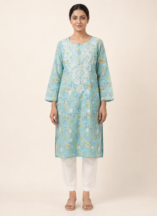Full-length model wearing Sky Blue Floral Malmal Chikankari Kurti