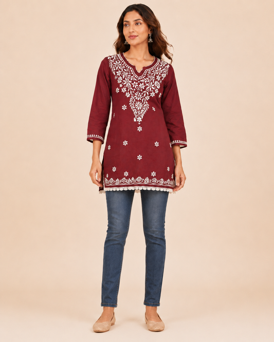 Full-length model wearing Soft Modal Maroon Hand-Embroidered Chikankari Short Kurti