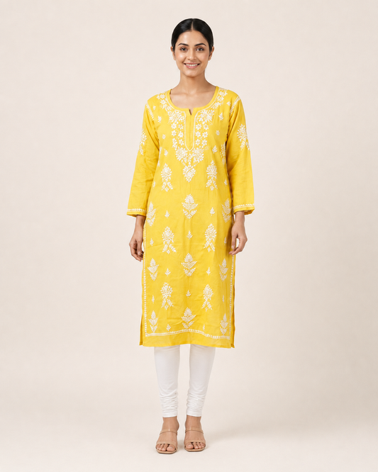 Full-length model wearing Yellow Rayon Chikankari Kurti